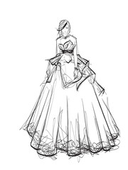 Beautiful young woman in an evening dress. Hand drawn fashion girl. Fashion model posing. Sketch. Vector illustration of a girl in dance in an evening dress.