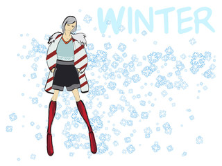 Fashion winter girl. Fashion illustration winter style sketch. Hand drawn. Girl with snowflakes