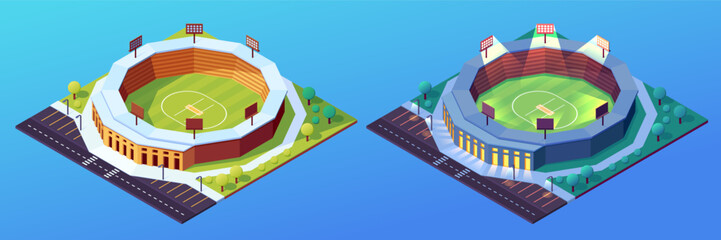 Set of isolated day and night stadiums for cricket game. Building with grass field and illuminated floodlit or spotlight. Isometric construction for cricketer sport play. Lawn and green ground, pitch