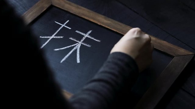 Woman write japanese symbols at blackboard