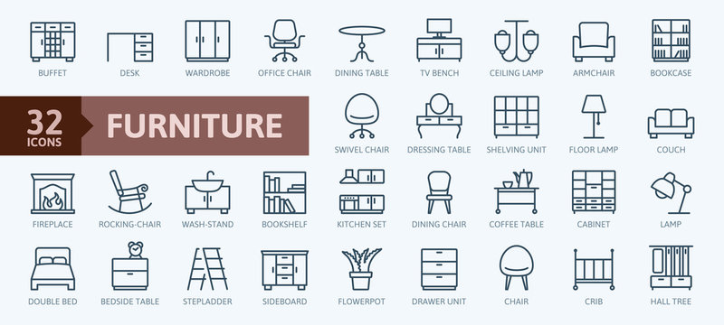 Furniture - minimal thin line web icon set. Outline icons collection. Simple vector illustration.
