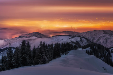 Winter Night in Tien Shan mountains above the city