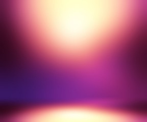 Golden light in purple empty room 3d background. Lilac magenta yellow gradient pattern blurred wall texture. Elite defocused interior. Festive decor.