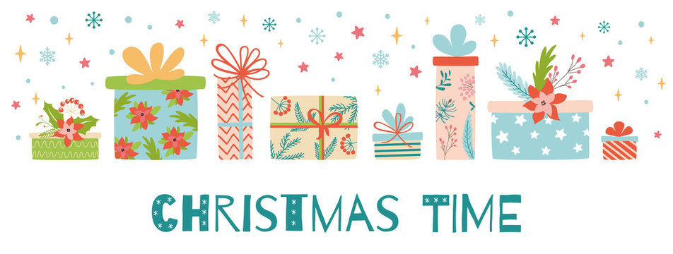 Christmas time horizontal banners presents gift boxes on white background Image Christmas New Year design vector