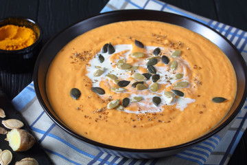 close-up of Creamy Roasted savory Pumpkin Soup