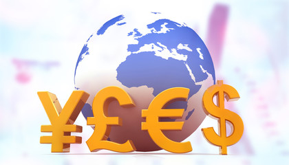 Global currency symbols around  world globe. 3d illustration
