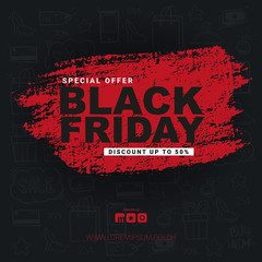 Black Friday banner with hand draw doodle background. Season of Sale.