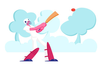 Cricket Outdoors Activity or Youth Tournament in College. Young Smiling Sportsman Cricketer Batsman Player Hitting Ball during Sports Event Competition, Summer Sport Cartoon Flat Vector Illustration