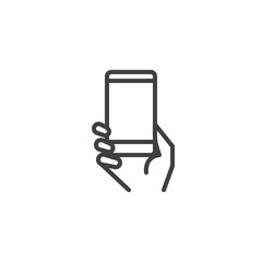 Using mobile gadget line icon. linear style sign for mobile concept and web design. Hand with smartphone outline vector icon. Symbol, logo illustration. Vector graphics