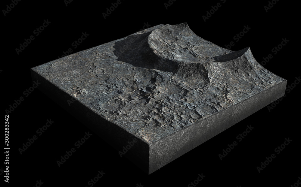 Wall mural cross section of a crater on the surface of the moon, terrain model isolated on black background