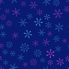 Snowflakes in different shapes and forms. Merry Christmas and New Year seamless vector pattern. Colorful background for Xmas.