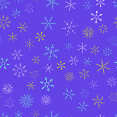 Fototapeta na wymiar Snowflakes in different shapes and forms. Merry Christmas and New Year seamless vector pattern. Colorful background for Xmas.