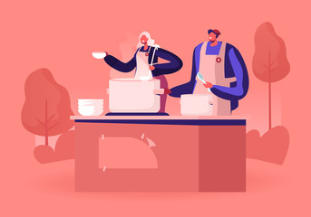 Volunteers Serving Food to Homeless People. Young Man and Woman Wearing Chief Uniform Aprons Pouring Warm Food to Plate for Beggars. Night Shelter Emergency Housing. Cartoon Flat Vector Illustration