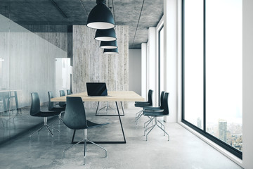 Modern office interior with panoramic city view,