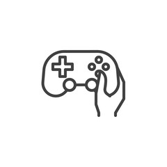 Hand with gamepad joystick line icon. linear style sign for mobile concept and web design. Hand holding game controller outline vector icon. Symbol, logo illustration. Vector graphics © alekseyvanin