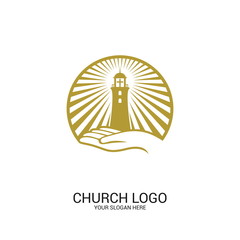 Church logo. Christian symbols. God holds the beacon of truth