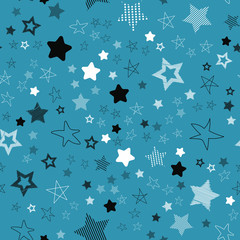 Stars in different shapes and forms. Merry Christmas and New Year seamless vector pattern. Colorful background for Xmas.
