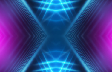 Dark abstract futuristic background. Neon lines glow. Neon lines, shapes. Multi-colored glow, blurry lights, bokeh. Empty stage background