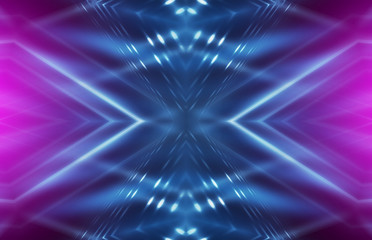 Dark abstract futuristic background. Neon lines glow. Neon lines, shapes. Multi-colored glow, blurry lights, bokeh. Empty stage background