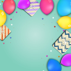 Holiday celebrations background with balloons and gifts.