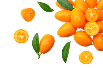 Cumquat or kumquat with leaves isolated on white background. top view