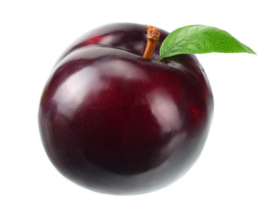 one plum fruit with green leaf isolated on white background.