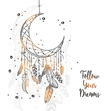 Hand drawn Dream Catcher with Crescent Moon.