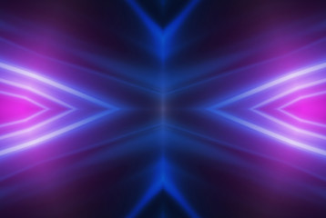 Dark abstract futuristic background. Neon lines glow. Neon lines, shapes. Multi-colored glow, blurry lights, bokeh. Empty stage background