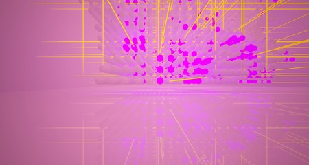 Abstract architectural smooth white interior  from an array of white spheres with with color gradient neon lighting. 3D illustration and rendering.