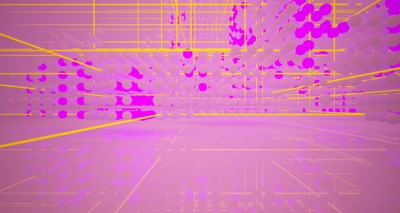 Abstract architectural smooth white interior  from an array of white spheres with with color gradient neon lighting. 3D illustration and rendering.