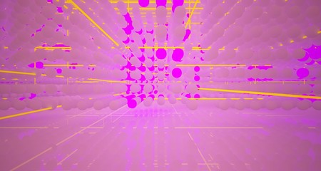 Obraz premium Abstract architectural smooth white interior from an array of white spheres with with color gradient neon lighting. 3D illustration and rendering.