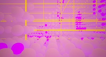 Obraz premium Abstract architectural smooth white interior from an array of white spheres with with color gradient neon lighting. 3D illustration and rendering.