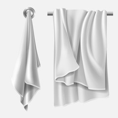 Fototapeta premium Towel mockup, textile blank folded wiper sheet hanging on hanger in kitchen and heater pipe in bathroom. Design elements mock up isolated on white background Realistic 3d vector illustration, clip art