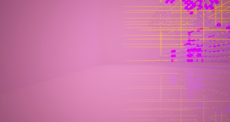 Abstract architectural smooth white interior  from an array of white spheres with with color gradient neon lighting. 3D illustration and rendering.