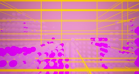 Obraz premium Abstract architectural smooth white interior from an array of white spheres with with color gradient neon lighting. 3D illustration and rendering.
