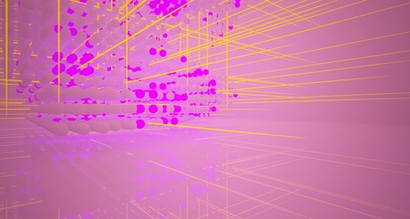 Abstract architectural smooth white interior  from an array of white spheres with with color gradient neon lighting. 3D illustration and rendering.