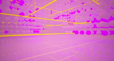 Abstract architectural smooth white interior  from an array of white spheres with with color gradient neon lighting. 3D illustration and rendering.