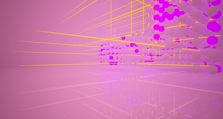 Abstract architectural smooth white interior  from an array of white spheres with with color gradient neon lighting. 3D illustration and rendering.