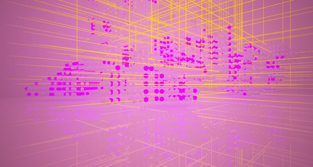 Abstract architectural smooth white interior  from an array of white spheres with with color gradient neon lighting. 3D illustration and rendering.