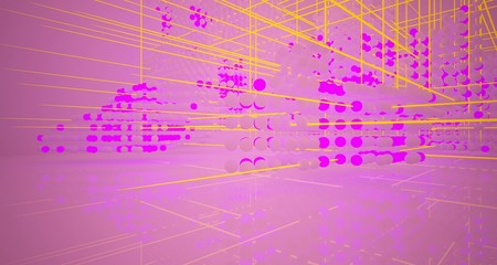 Abstract architectural smooth white interior  from an array of white spheres with with color gradient neon lighting. 3D illustration and rendering.