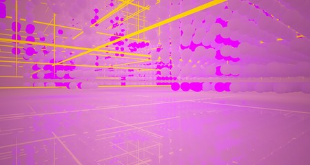 Abstract architectural smooth white interior  from an array of white spheres with with color gradient neon lighting. 3D illustration and rendering.