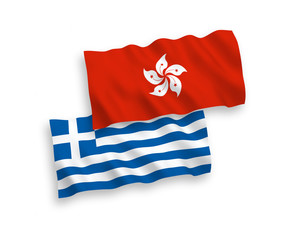 National vector fabric wave flags of Greece and Hong Kong isolated on white background. 1 to 2 proportion.