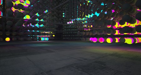 Abstract architectural concrete smooth interior from an array of spheres with color gradient neon lighting. 3D illustration and rendering.