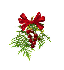 Arborvitae green twigs with red berries and silk ribbon bow