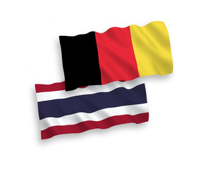 National vector fabric wave flags of Thailand and Belgium isolated on white background. 1 to 2 proportion.