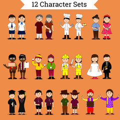 Set of twelve different cartoon characters