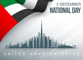 48 UAE National day banner with UAE flag. Holiday card for 2 december, 48 National day United Arab Emirates Spirit of the union. Design Anniversary Celebration Card with Dubai and Abu Dhabi silhouette