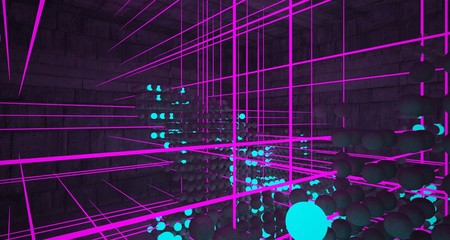 Abstract architectural concrete smooth interior from an array of spheres with color gradient neon lighting. 3D illustration and rendering.