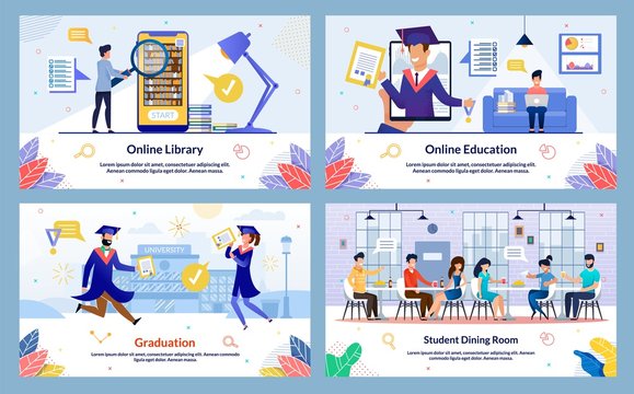 Flat Online Library, Online Education, Cartoon.