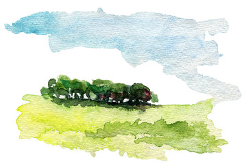 Hand Drawn Traditional Watercolor European Panoramic Landscape